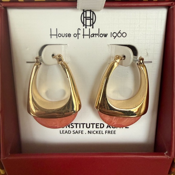 House of Harlow 1960 Gold and Coral Agate Earrings - Picture 2 of 4